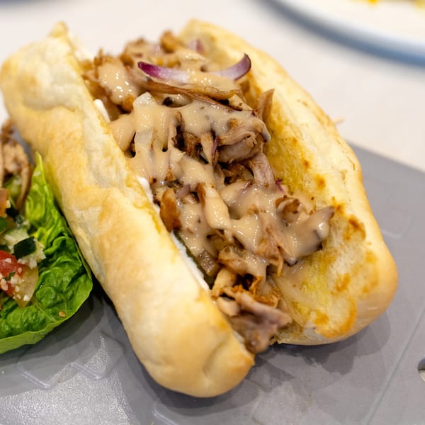A Milano's Pizza chicken cheesesteak with sauce and red onions, served with a side salad.