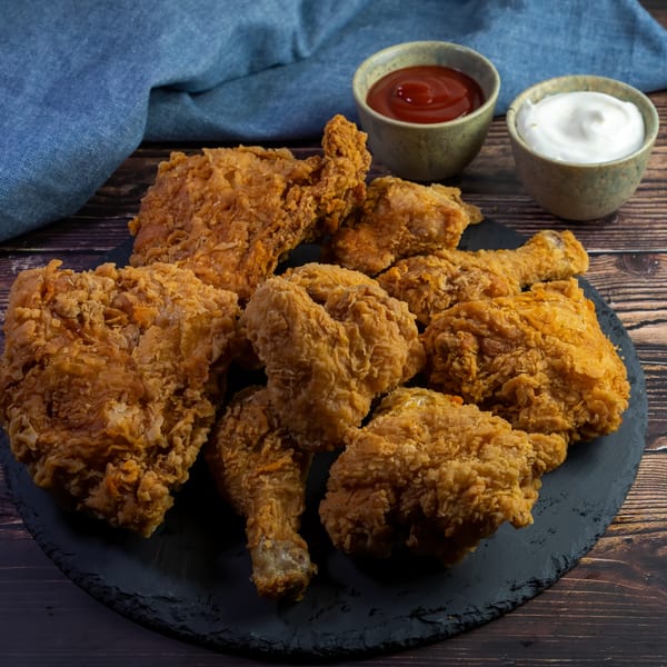 Crispy fried chicken pieces on a black slate board with ketchup and mayonnaise.
