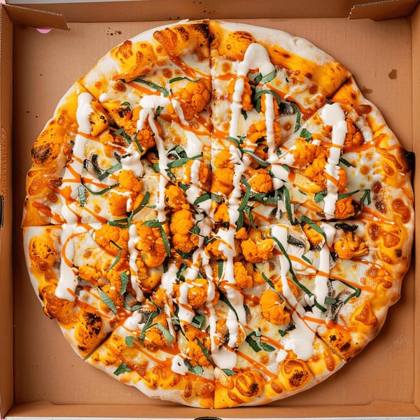 Milano's Pizza with buffalo cauliflower, ranch, and hot sauce in a pizza box.