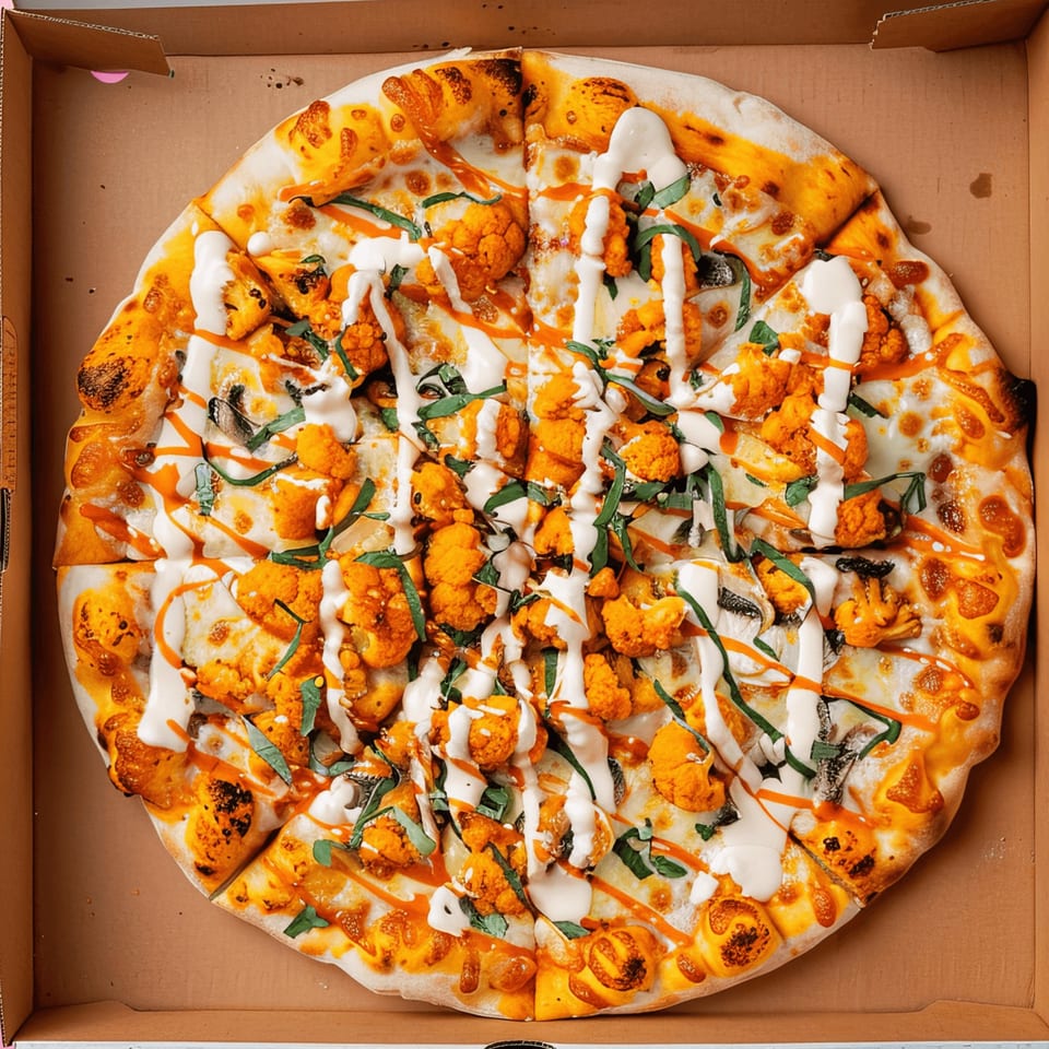 Milano's Pizza with buffalo cauliflower, ranch, and hot sauce in a pizza box.